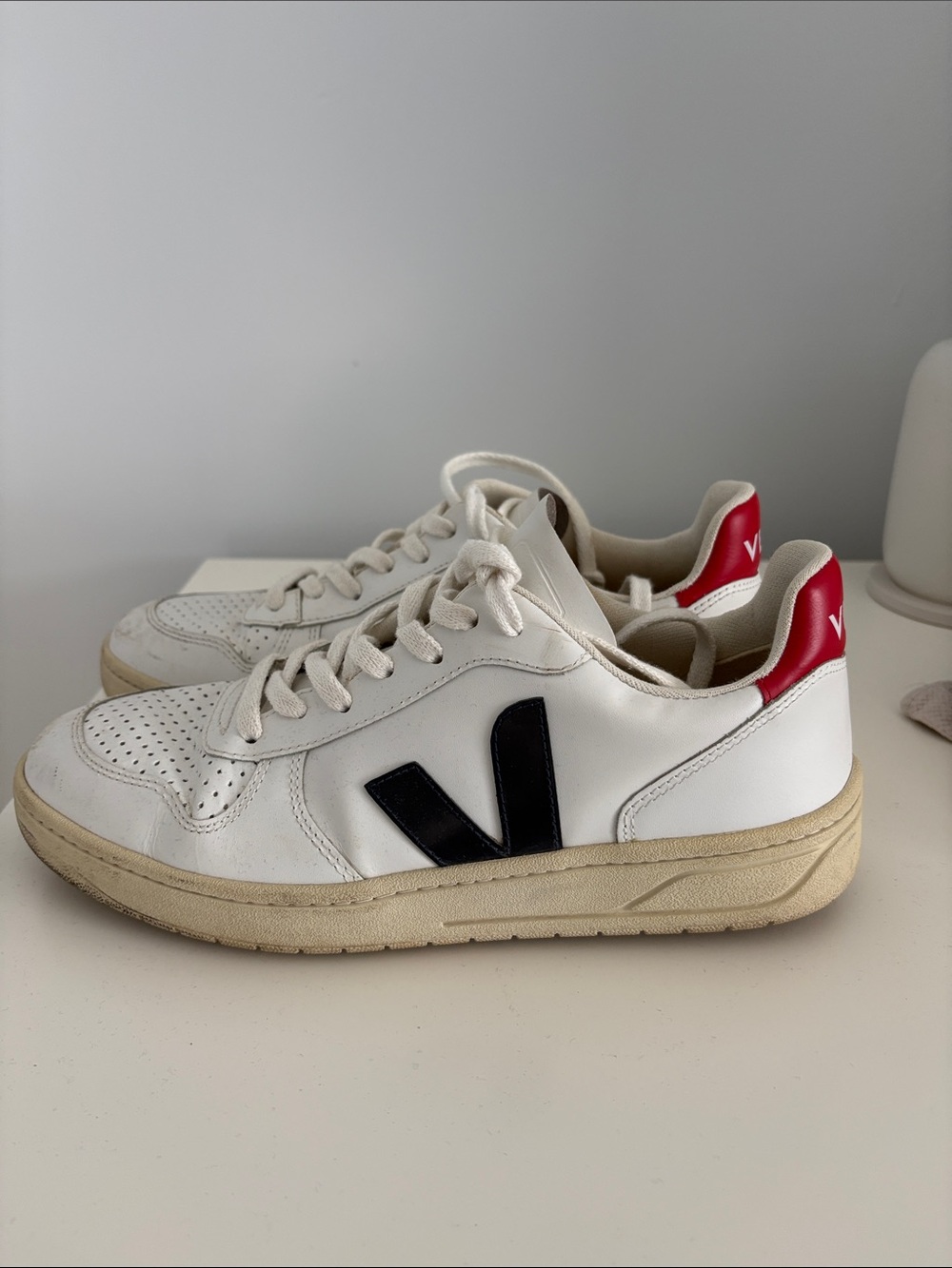 Veja White Leather Sneakers with Black V and Red Heel Detail
